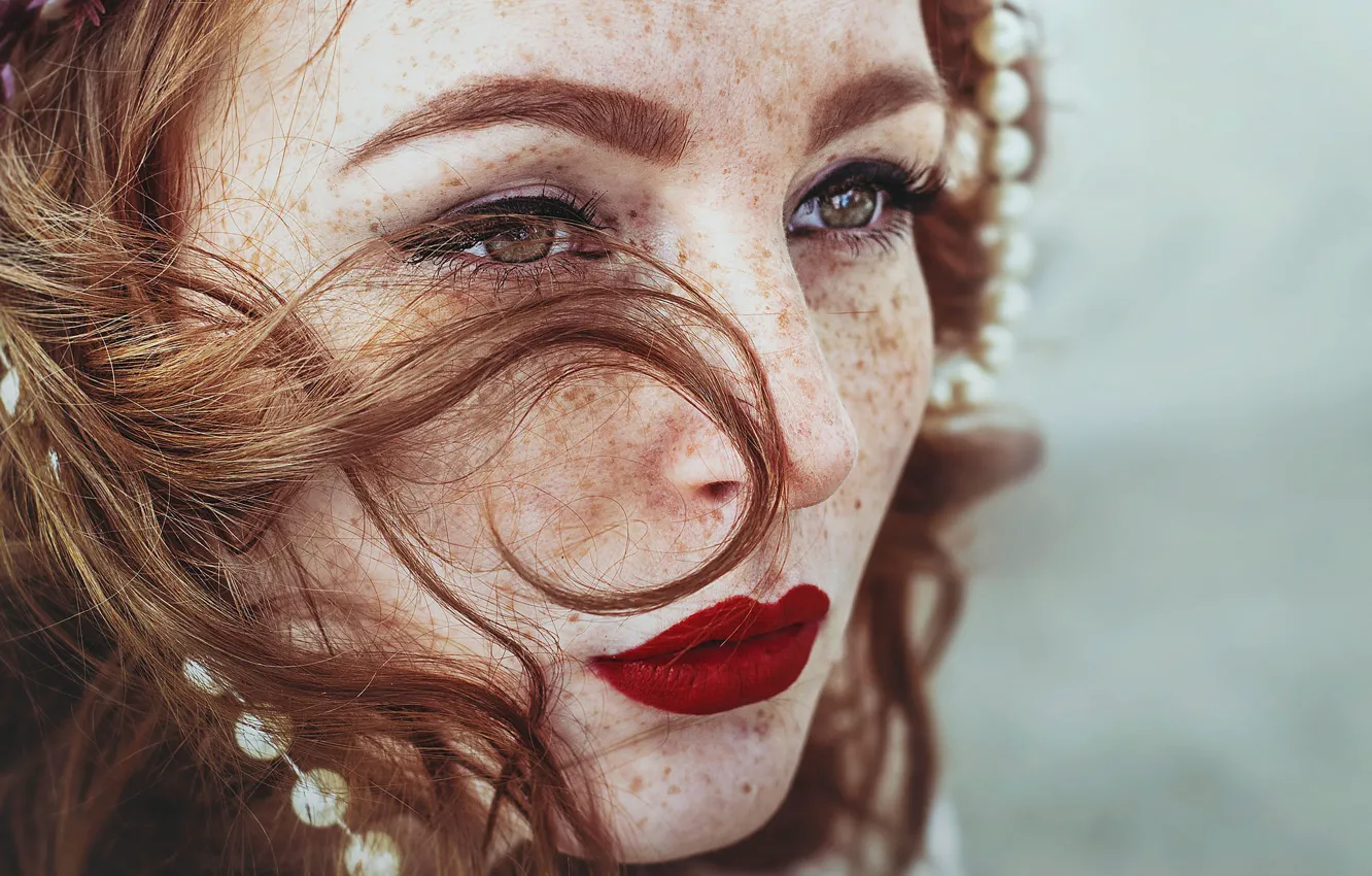 Photo wallpaper look, face, lipstick, lips, freckles, red, redhead