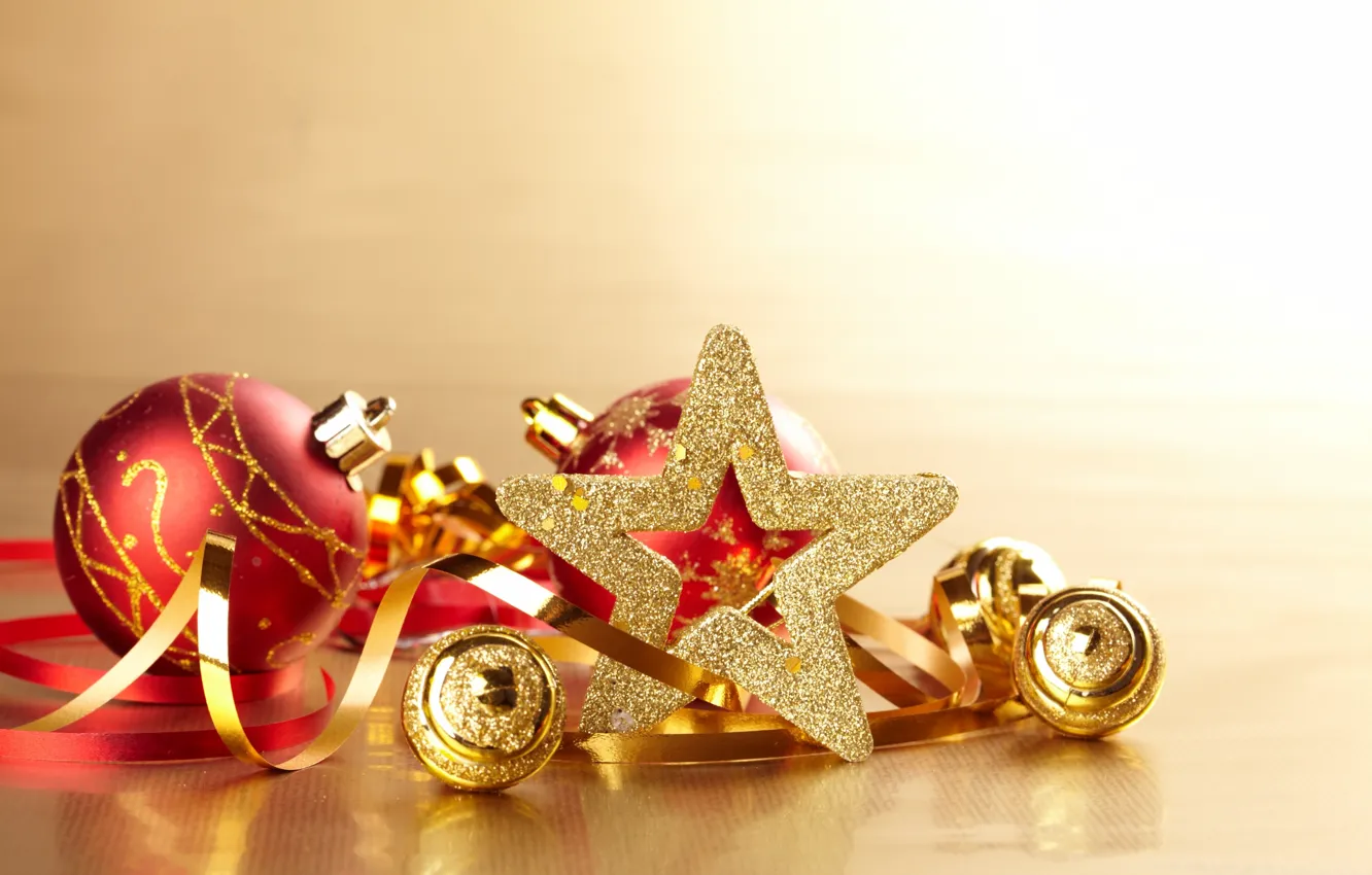 Photo wallpaper balls, gold, holiday, toys, star, New Year, Christmas, serpentine