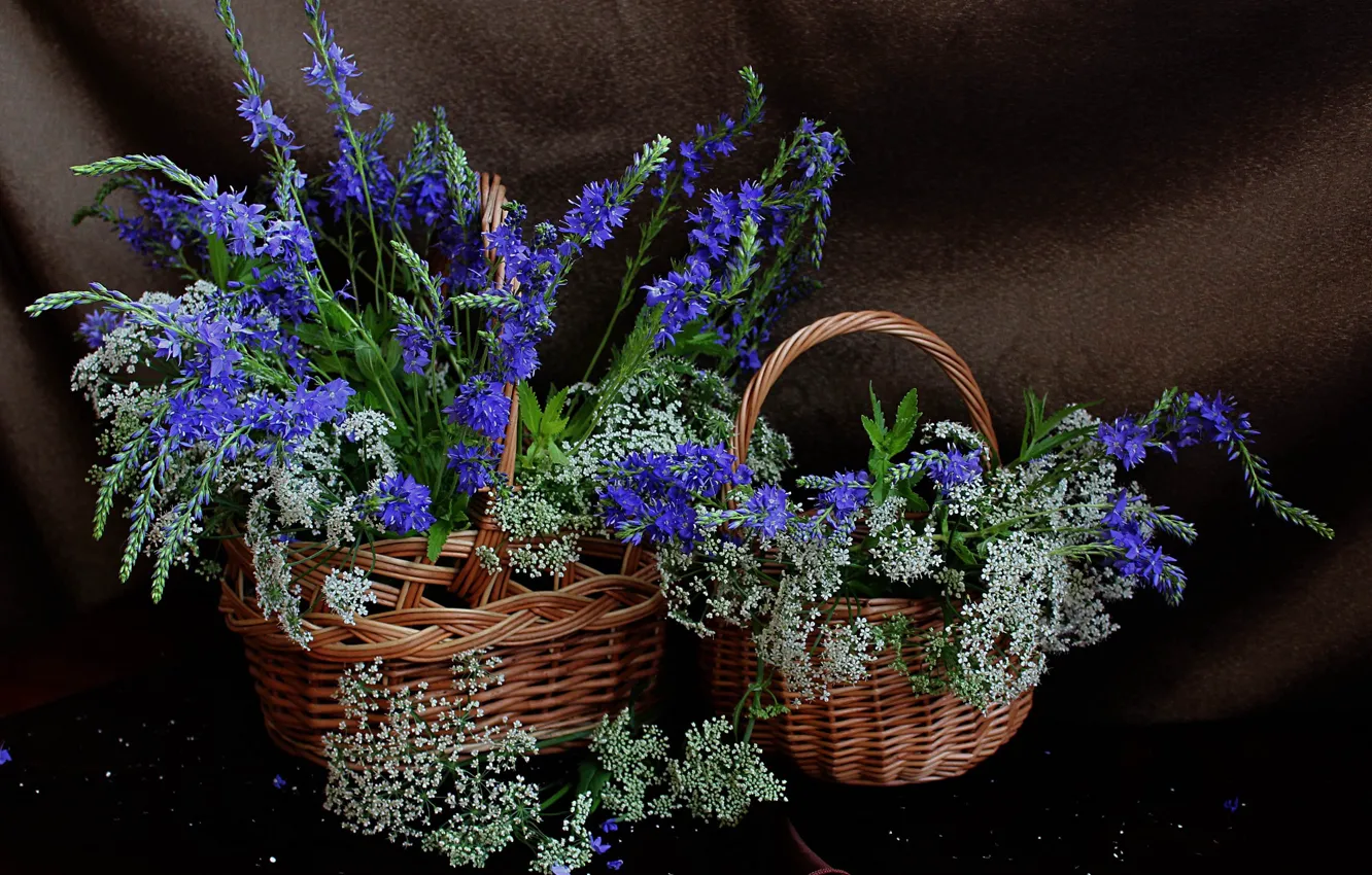 Photo wallpaper summer, flowers, basket, still life, the Aegopodium grass, Veronica longifolia