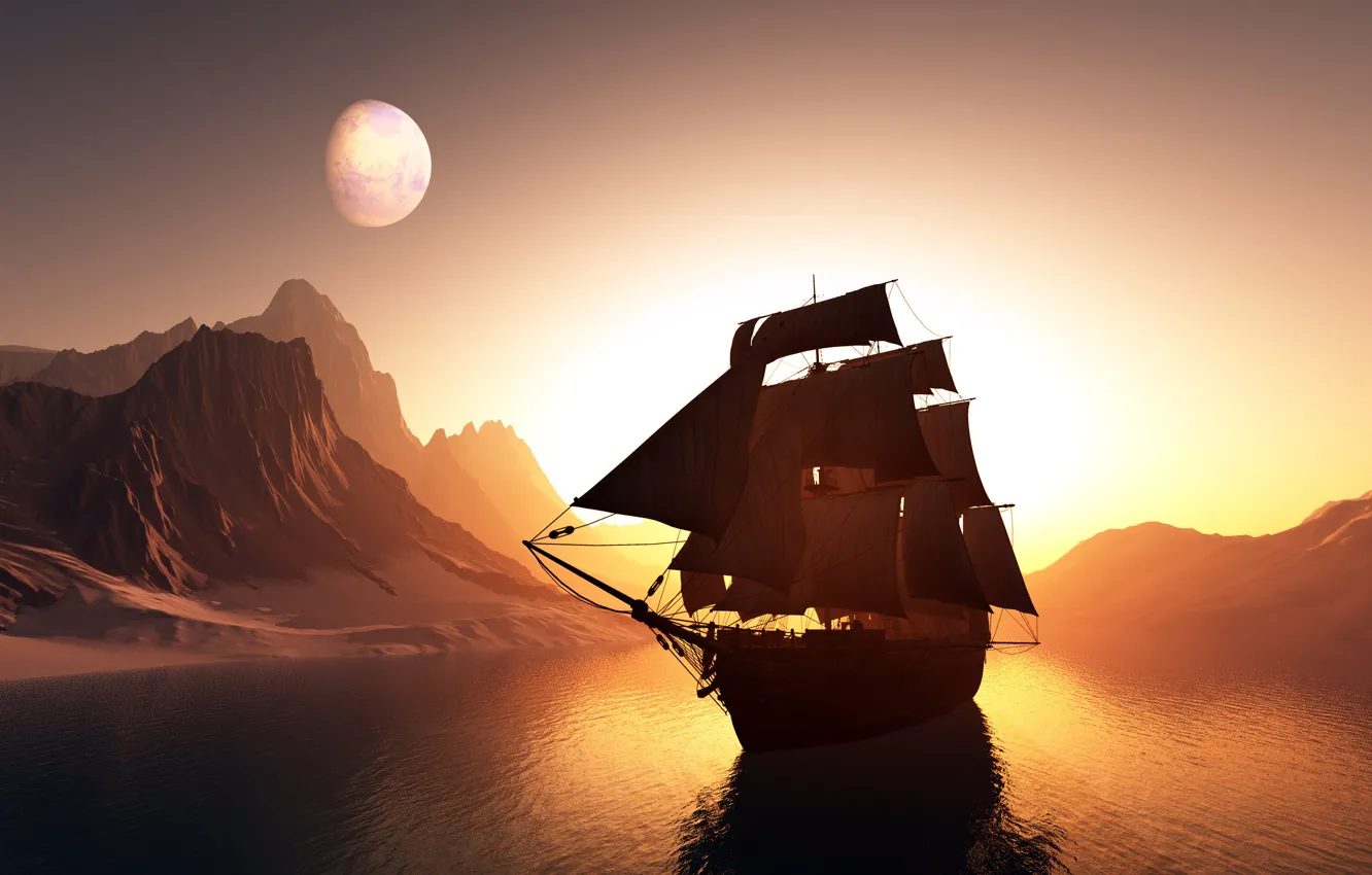 Photo wallpaper water, light, mountains, planet, sailboat