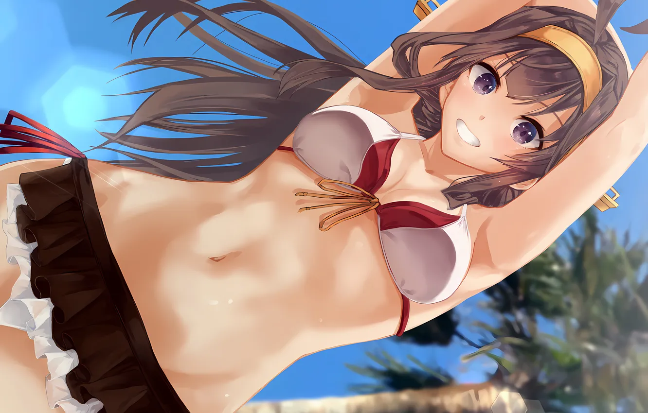 Photo wallpaper girl, sexy, cleavage, long hair, brown hair, boobs, anime, beautiful