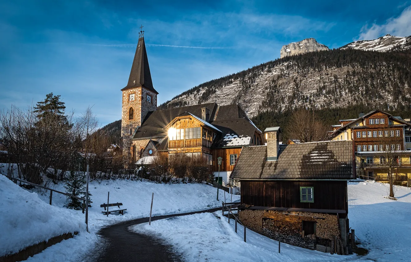 Photo wallpaper winter, landscape, home, Austria, Church, municipality, Altaussee, Altaussee