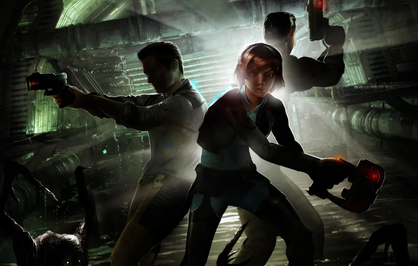 Photo wallpaper girl, weapons, danger, monster, guy, dead space, extraction