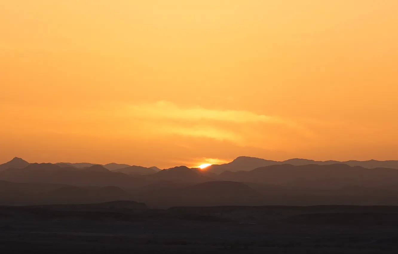 Photo wallpaper clouds, sunset, hills, horizon, yellow sky