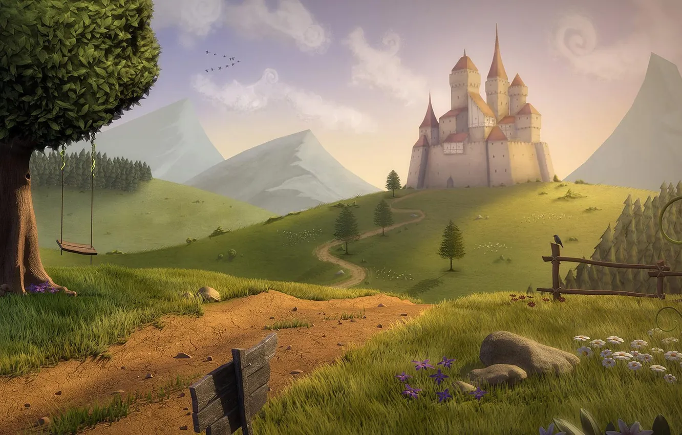 Photo wallpaper trees, landscape, mountains, castle, swing, chamomile, fence, track