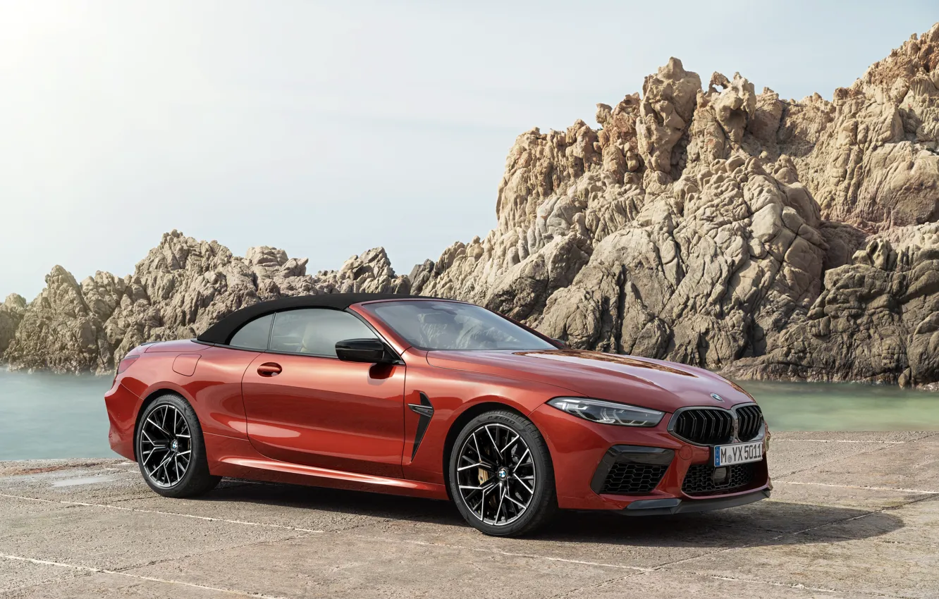 Photo wallpaper rocks, shore, BMW, Parking, convertible, 2019, BMW M8, M8