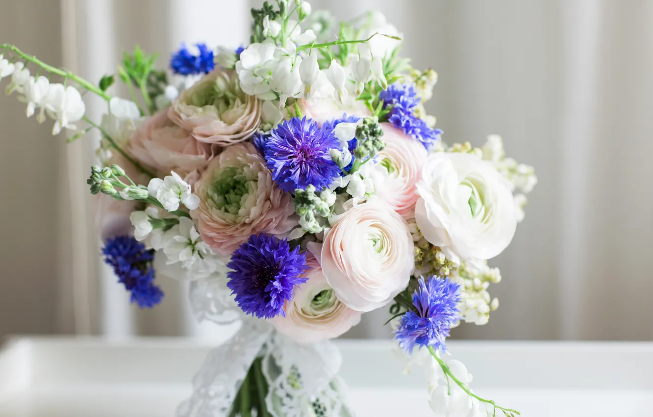 Photo wallpaper bouquet, flowers, cornflowers, buttercups, the bleeding heart, ranunculus, bouquets