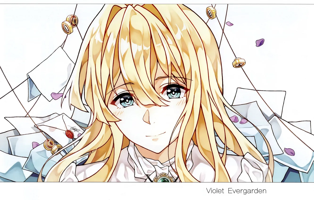 Photo wallpaper face, petals, blue eyes, bangs, letters, envelopes, Violet Evergarden, by Cheese Kang