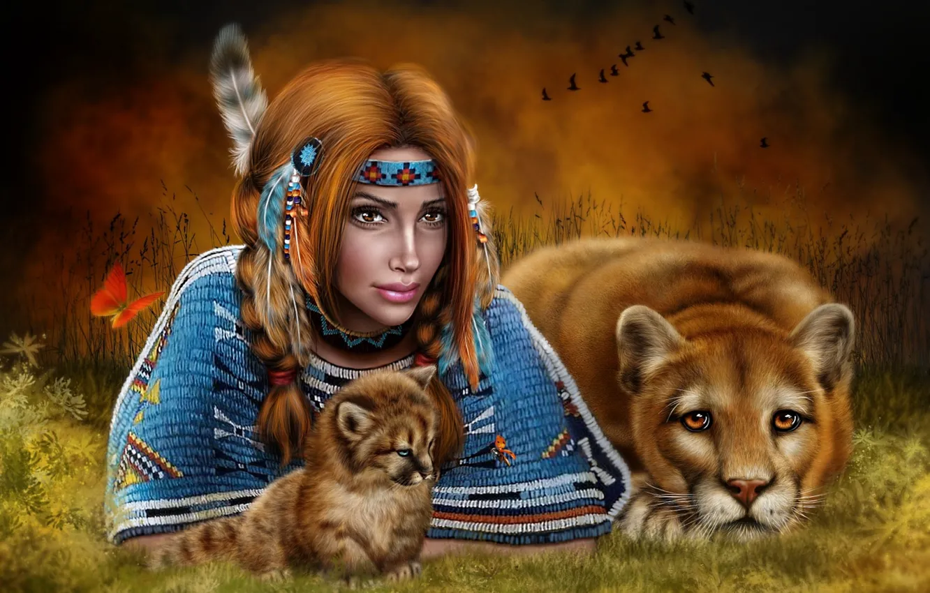 Photo wallpaper girl, Puma, cub, Cougar, Indian