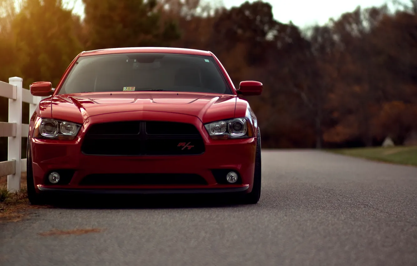 Photo wallpaper red, reflection, red, Dodge, dodge, charger, the front, the charger