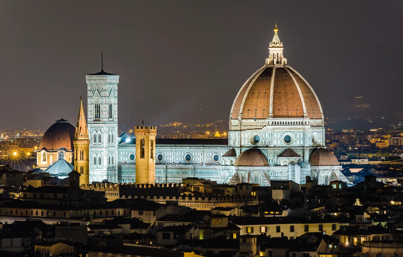 Photo wallpaper the sky, night, lights, home, Italy, Florence, Duomo, Giotto's bell tower