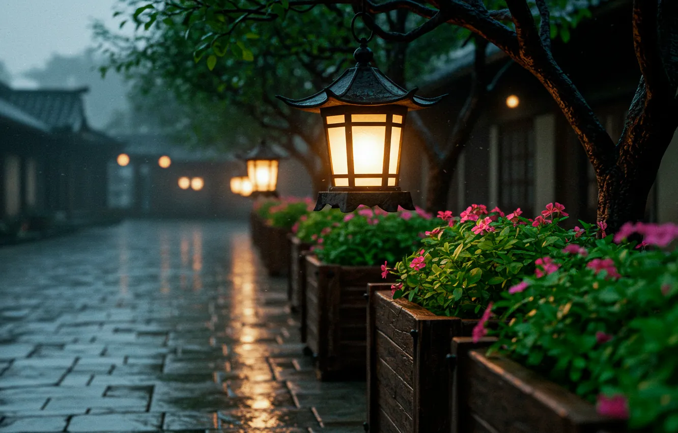 Photo wallpaper flowers, rain, Wallpaper, street, the evening, art, lights, wallpaper