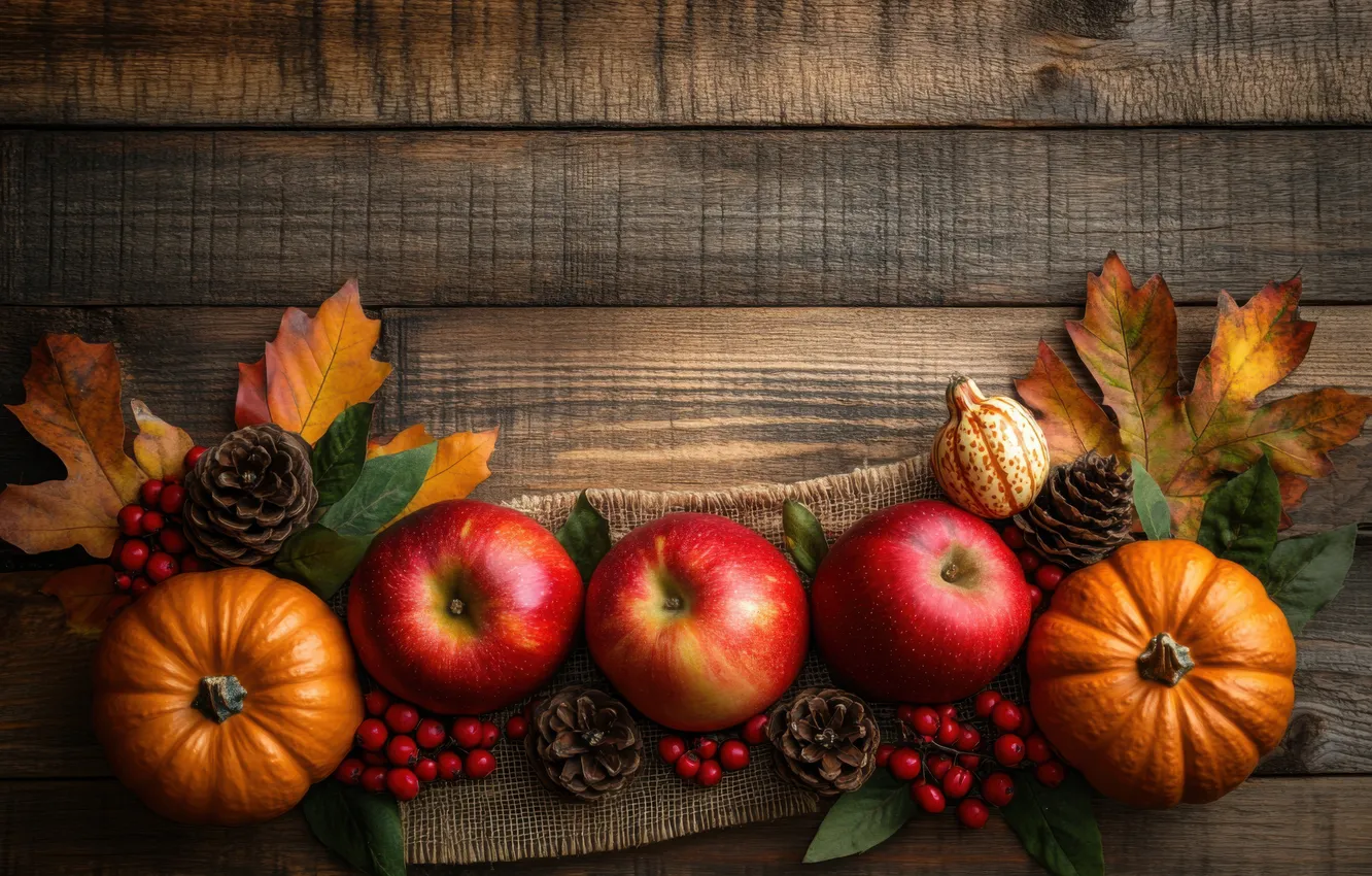 Photo wallpaper autumn, leaves, red, berries, apples, Board, texture, harvest