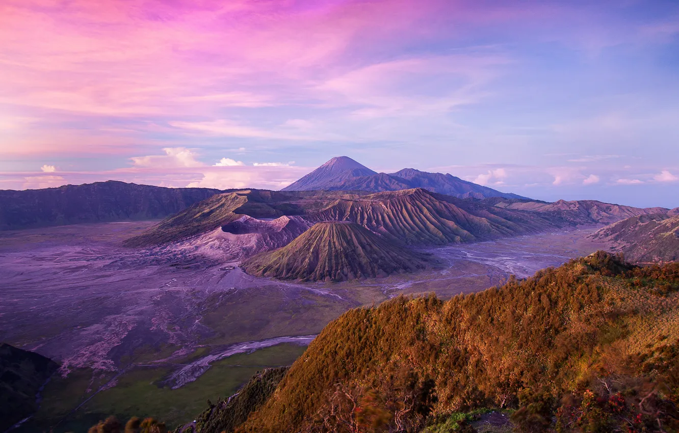 Photo wallpaper the sky, clouds, hills, blue, island, height, the volcano, Indonesia