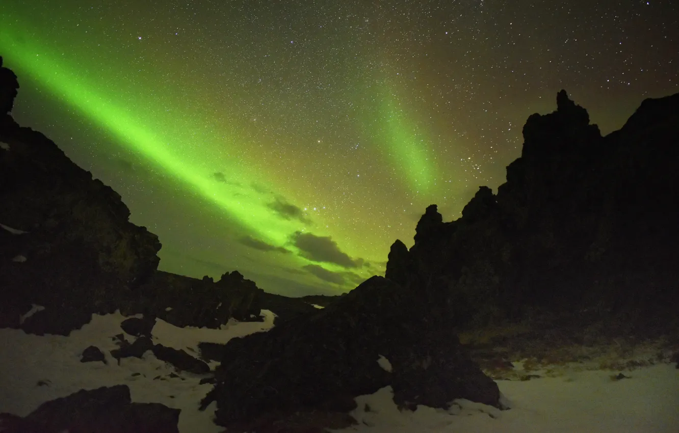 Photo wallpaper stars, night, stones, Northern lights, Iceland