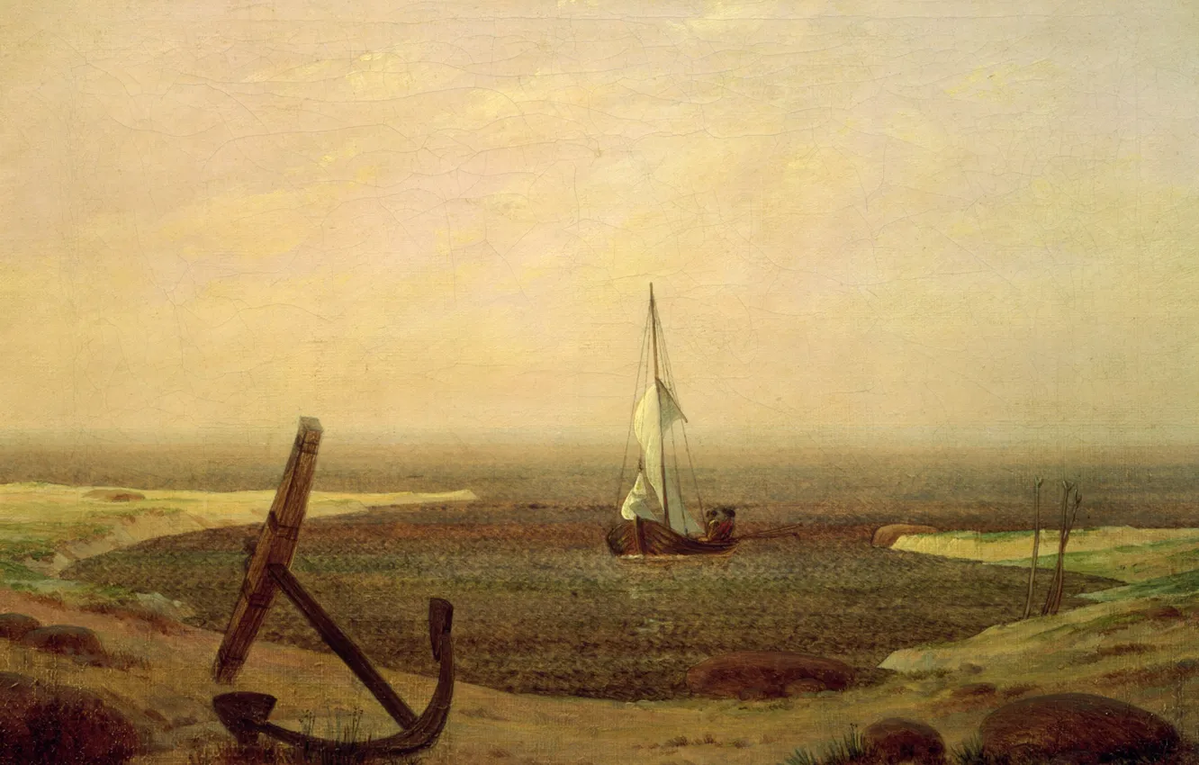 Photo wallpaper boat, The evening, picture, sail, anchor, Caspar David Friedrich