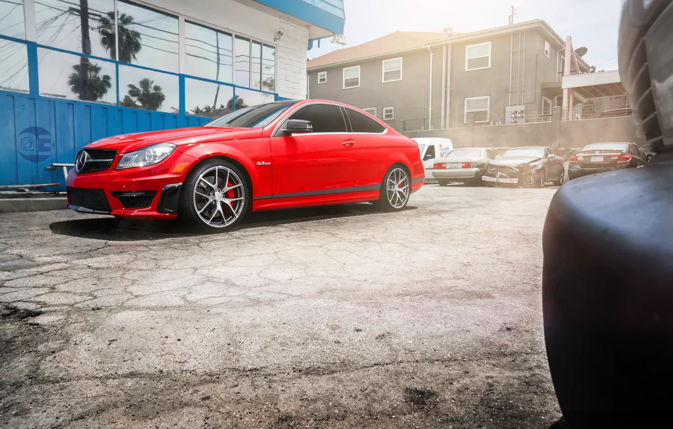 Photo wallpaper red, Mercedes, red, Mercedes, AMG, C63, frontside, 507 Edition