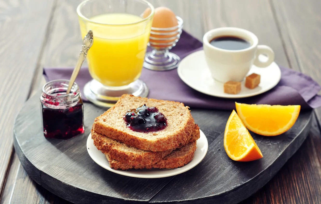 Photo wallpaper coffee, food, Breakfast, juice, bread, citrus, jam, toast
