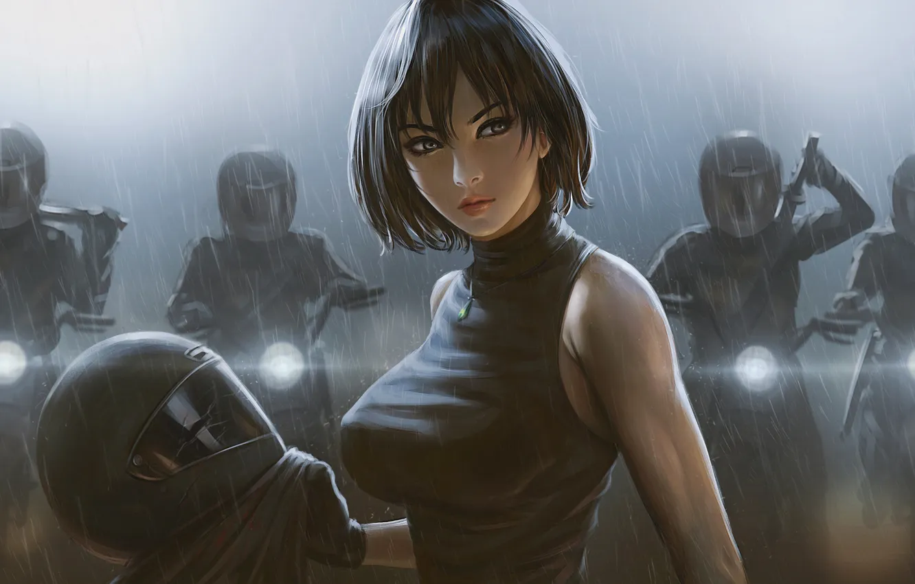 Photo wallpaper girl, rain, brunette, art, helmet, beauty, motorcyclist, headlights