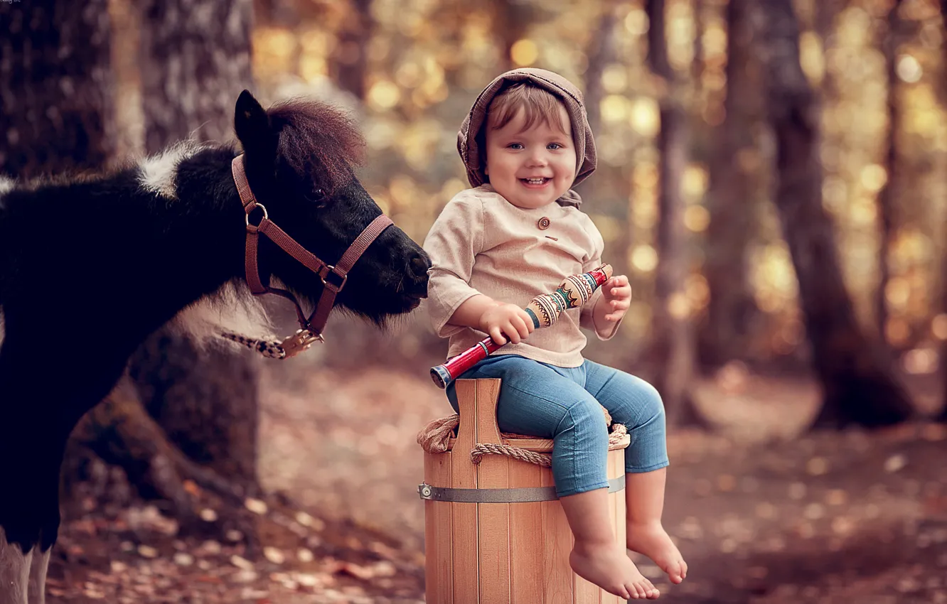 Photo wallpaper autumn, forest, trees, nature, children, smile, animal, boy