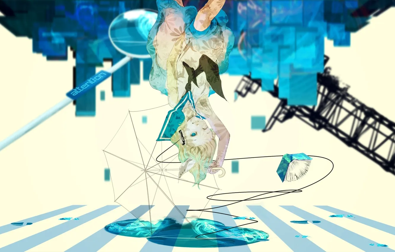 Photo wallpaper girl, wire, umbrella, anime, headphones, art, vocaloid, kagamine rin