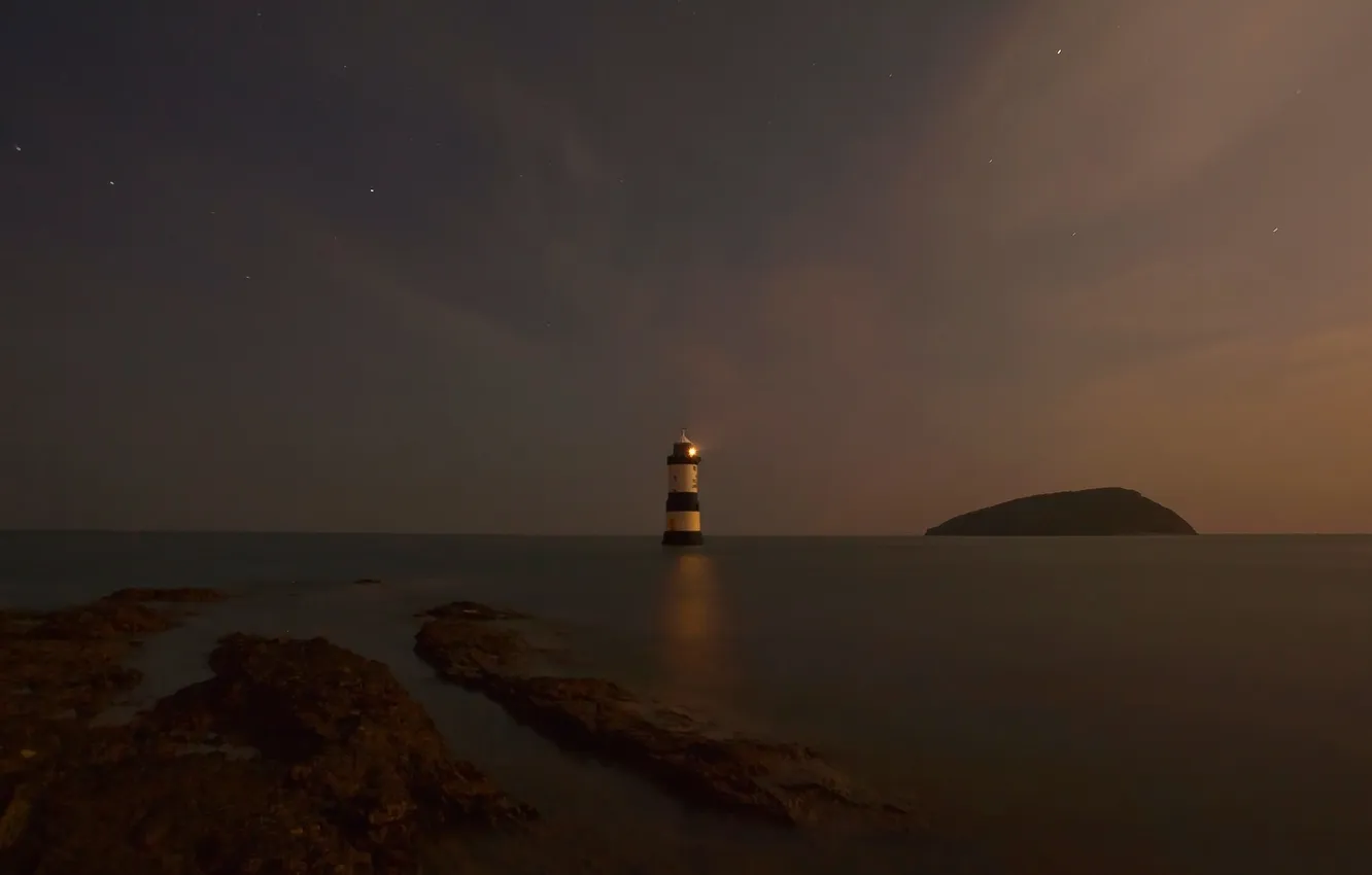 Photo wallpaper sea, the sky, stars, night, rocks, lighthouse