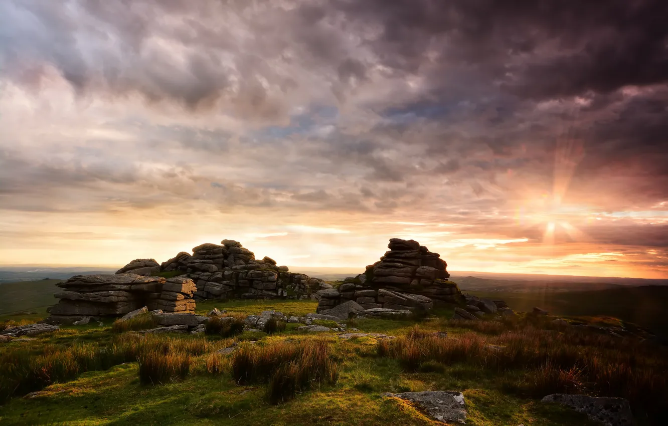 Photo wallpaper clouds, sunset, rocks, UK, national Park, sunlight, Dartmoor