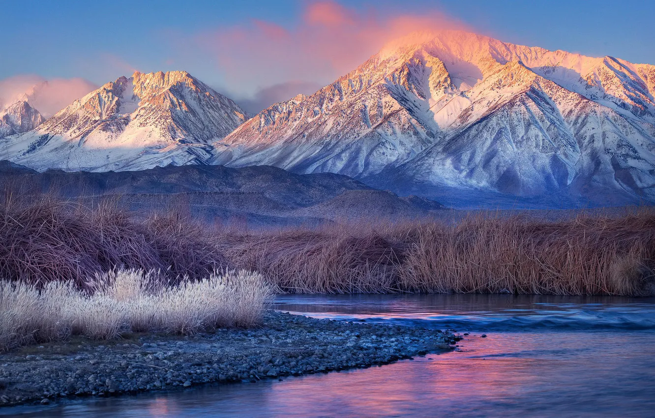 Photo wallpaper grass, water, landscape, mountains, stones, photo