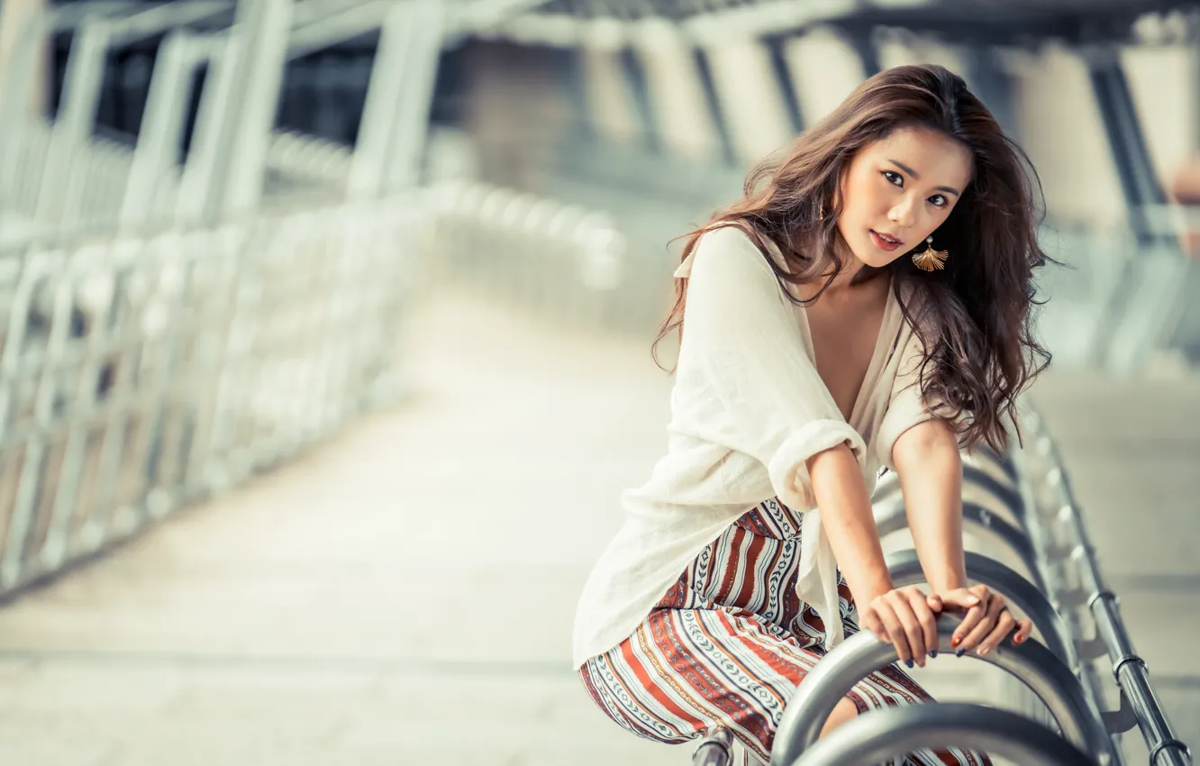 Photo wallpaper look, girl, hair, Asian, bokeh