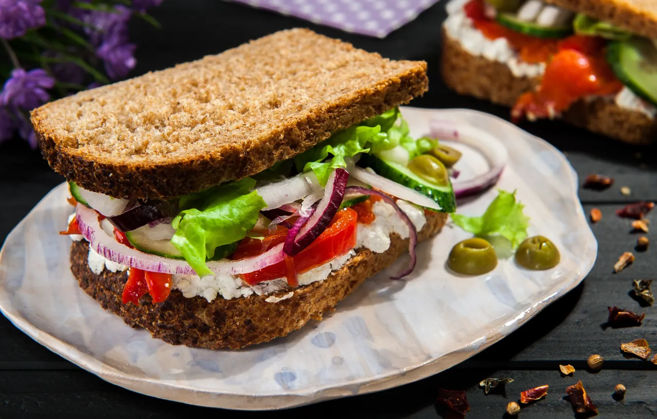 Photo wallpaper sandwich, vegetables, olives