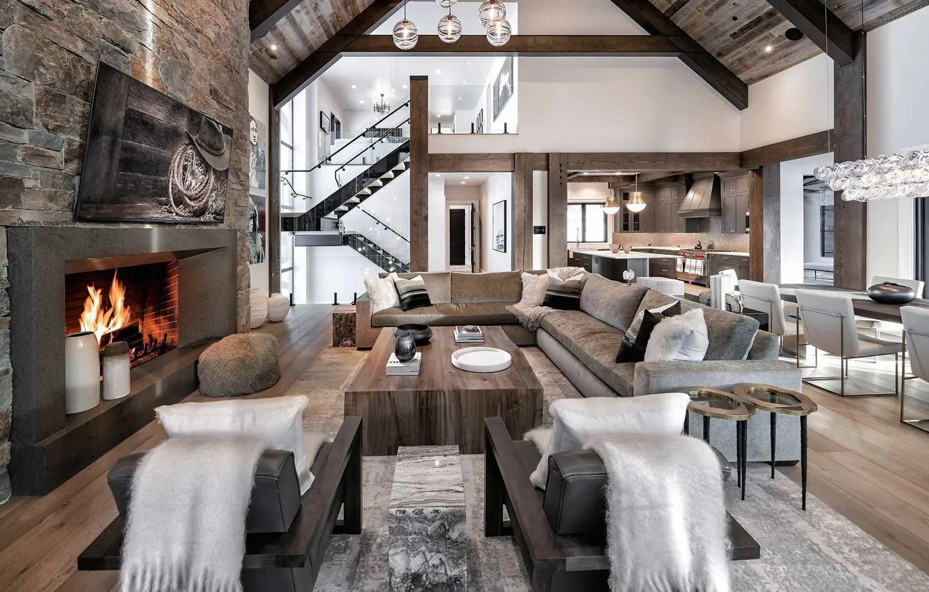 Photo wallpaper design, space, style, interior, kitchen, fireplace, living room, dining room