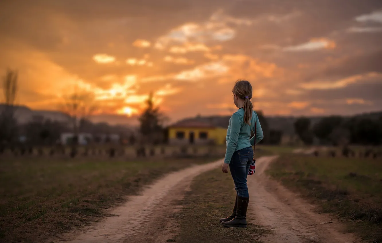 Photo wallpaper sunset, girl, bokeh