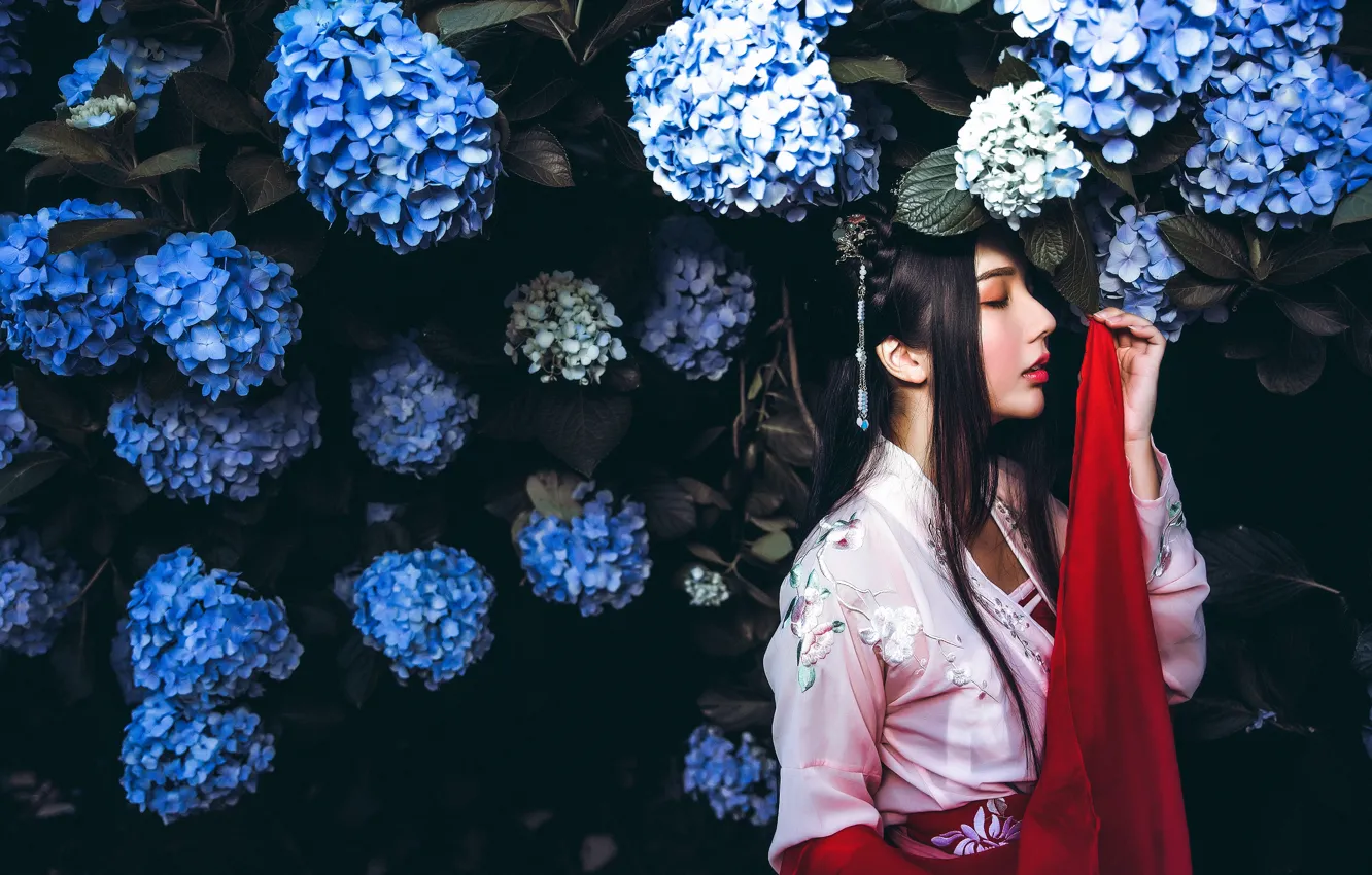 Photo wallpaper girl, flowers, the dark background, red, garden, dress, brunette, blue
