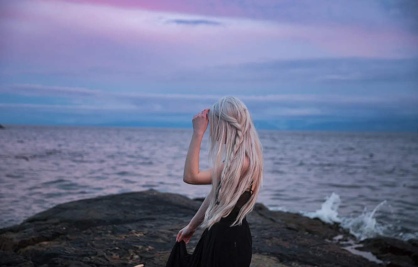 Photo wallpaper sea, girl, blonde, long hair