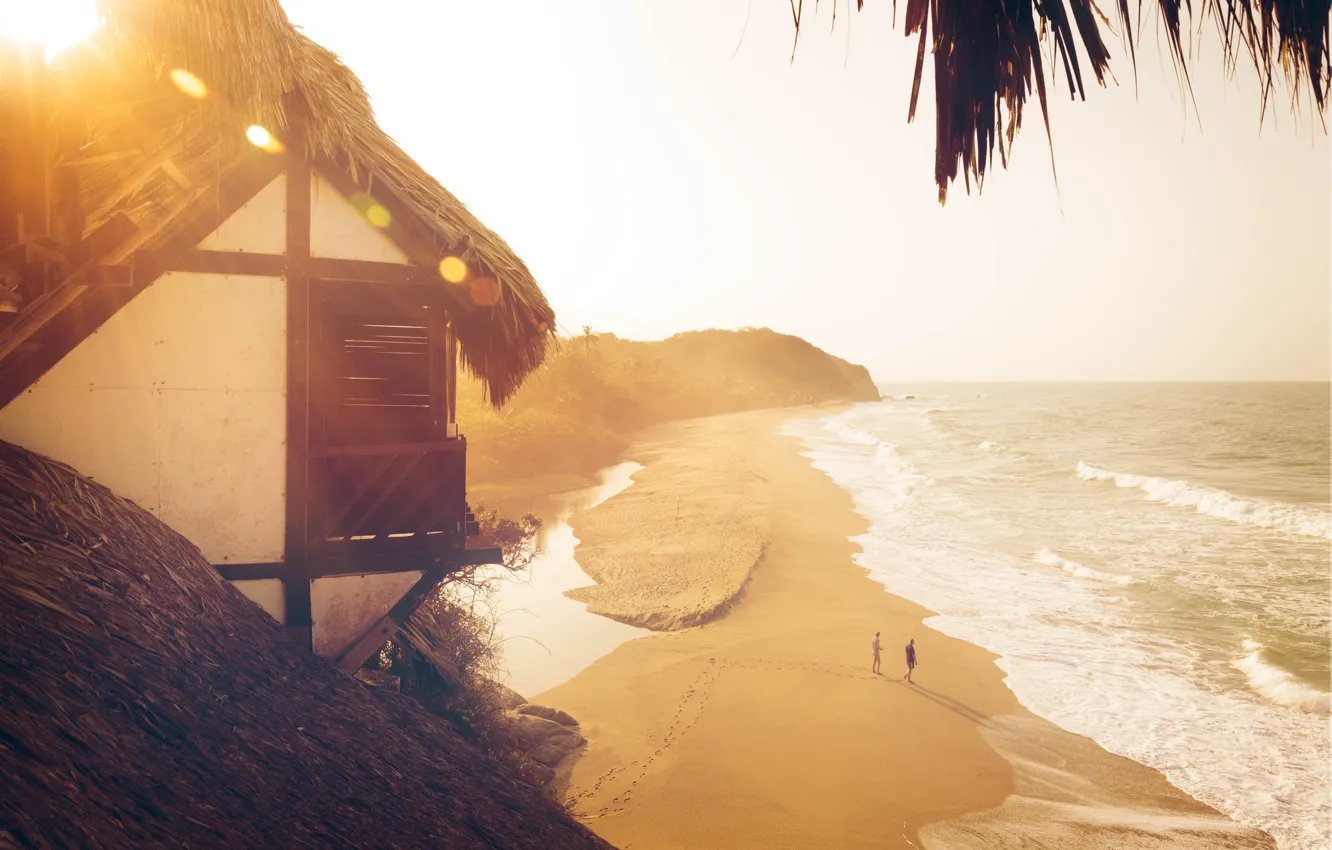 Photo wallpaper beach, light, the ocean, people, house
