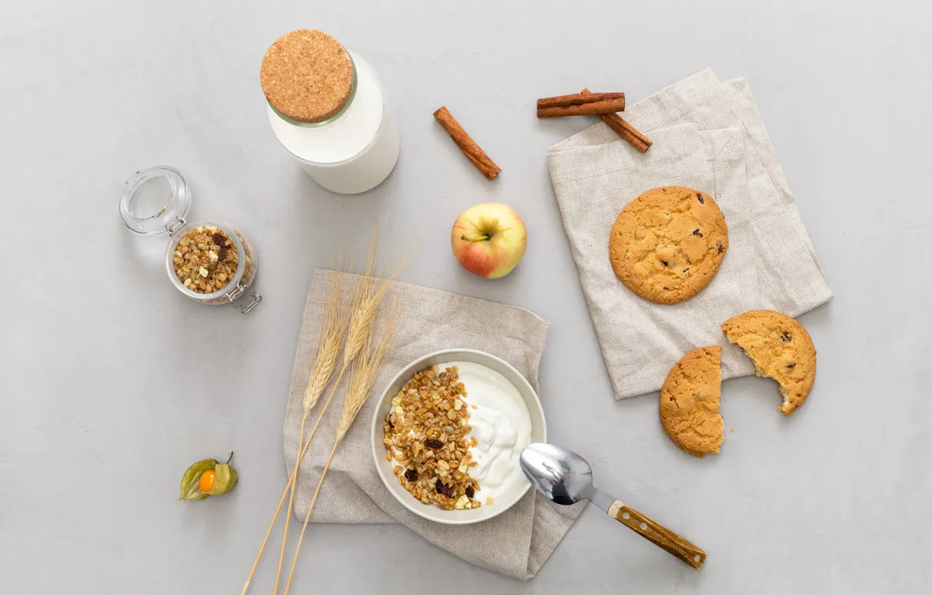 Photo wallpaper Apple, food, Breakfast, milk, breakfast, milk, muesli, cookies