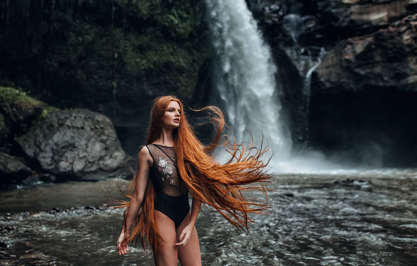 Photo wallpaper girl, pose, waterfall, red, redhead, long hair, Eugene Freyer