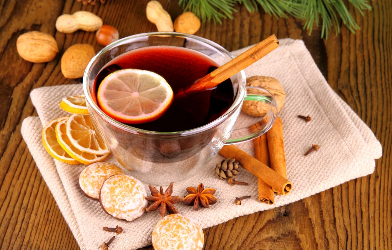 Photo wallpaper winter, holiday, lemon, cookies, Cup, drink, nuts, cinnamon