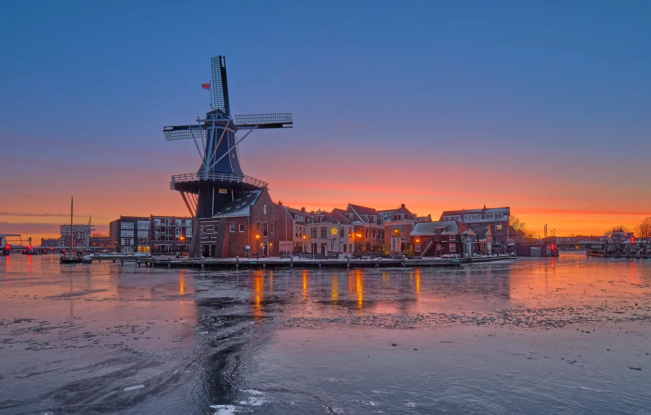 Photo wallpaper winter, sunset, river, building, home, mill, Netherlands, Netherlands