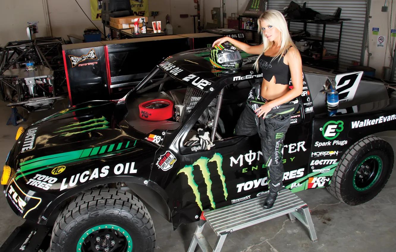 Photo wallpaper girl, jeep, helmet, girl, monster, energy, the pants, Morgan