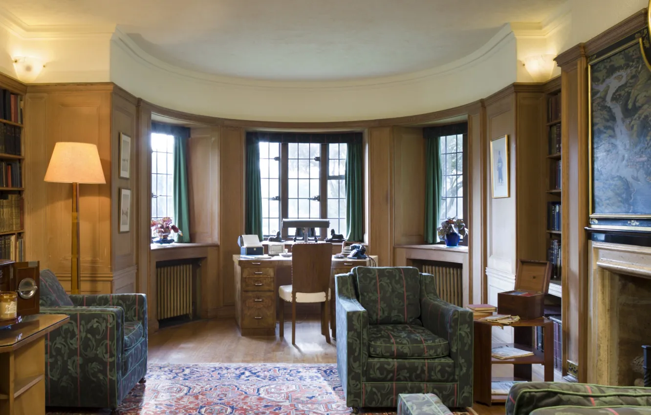 Photo wallpaper design, style, England, interior, picture, office, fireplace, library