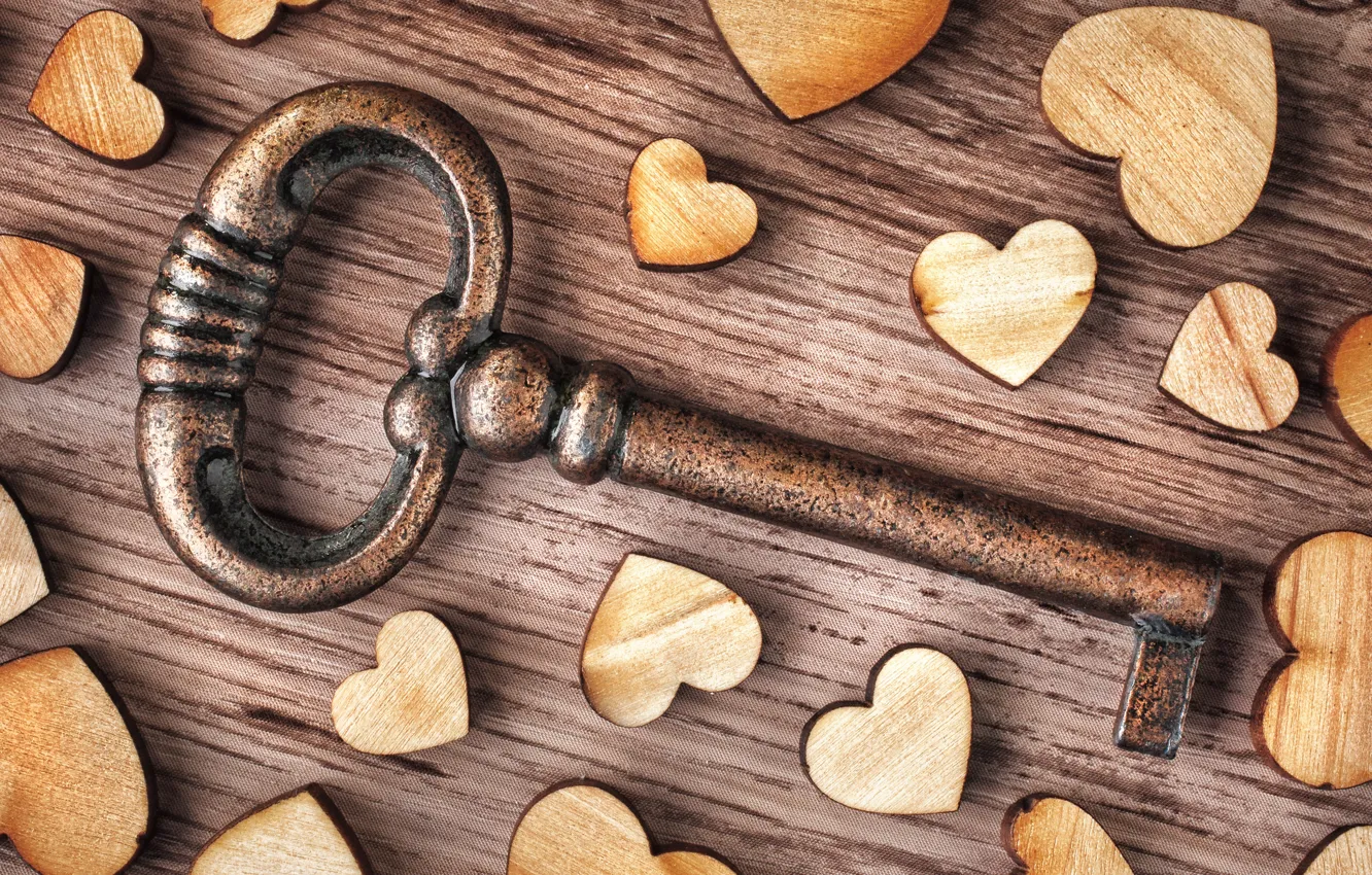 Photo wallpaper love, heart, wood, key, romantic