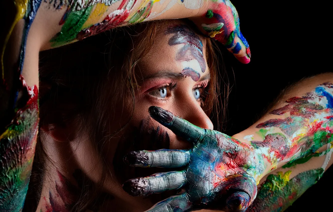 Photo wallpaper LOOK, SPOT, HANDS, COLOR, PROFILE, FACE, PAINT, Model Melissa Leroux