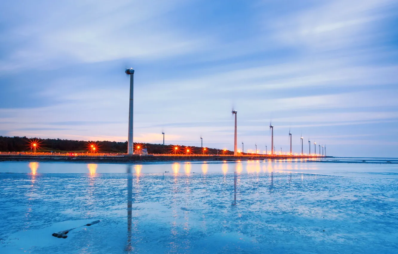 Photo wallpaper sea, the sky, clouds, the wind, the evening, mill, Electromechanical