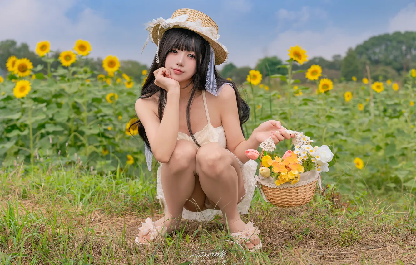 Photo wallpaper model, women, asian, sunflowers, UPSKIRT, Nian Tuanzitu, Women Outdoors, Sunflower Field