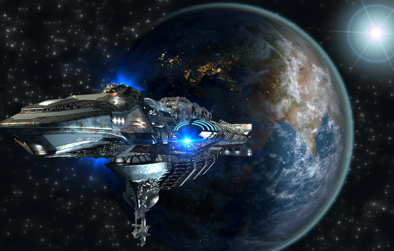 Photo wallpaper Earth, planets, starship