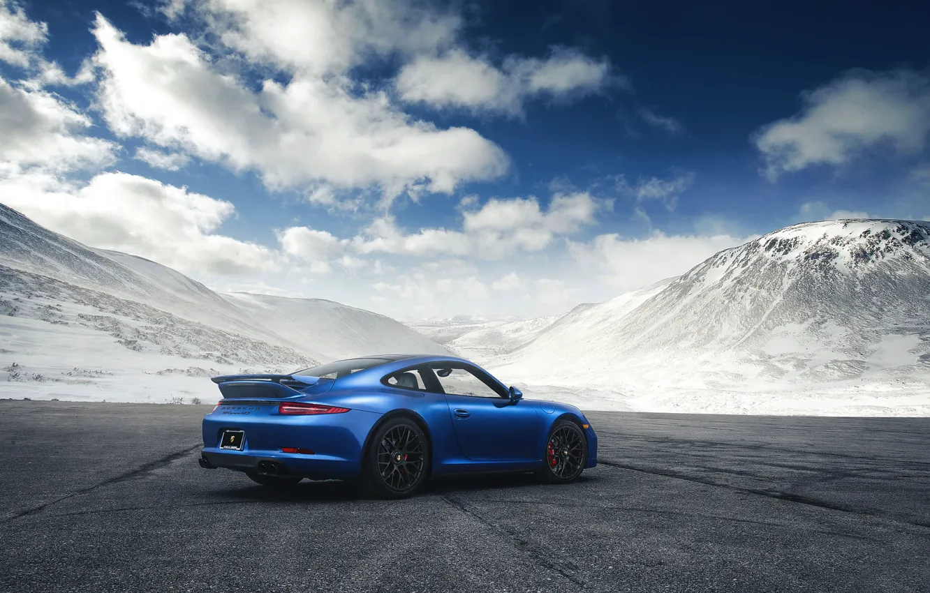 Photo wallpaper 911, Porsche, Blue, Mountain, GTS, Supercar, Rear