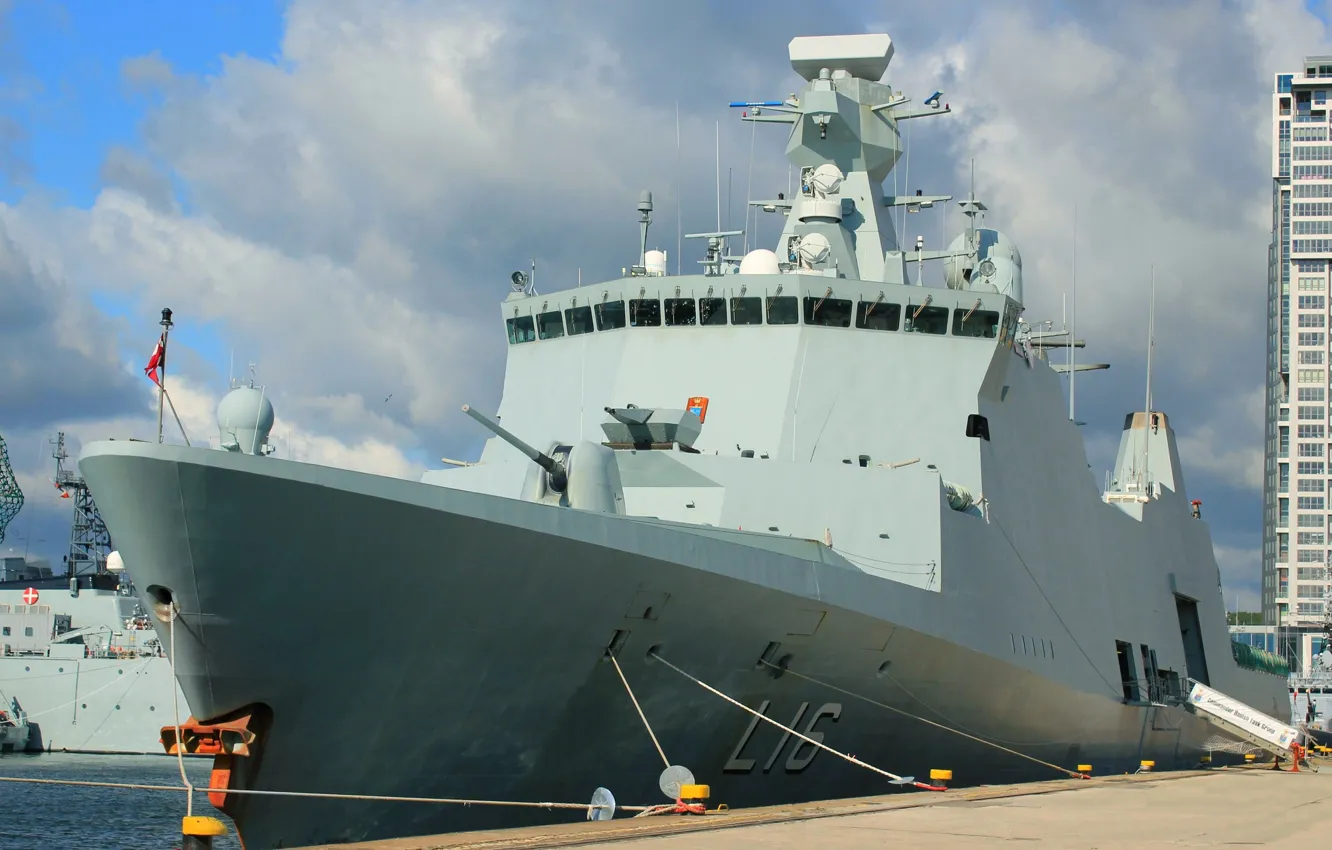 Photo wallpaper pier, frigate, Denmark, Navy