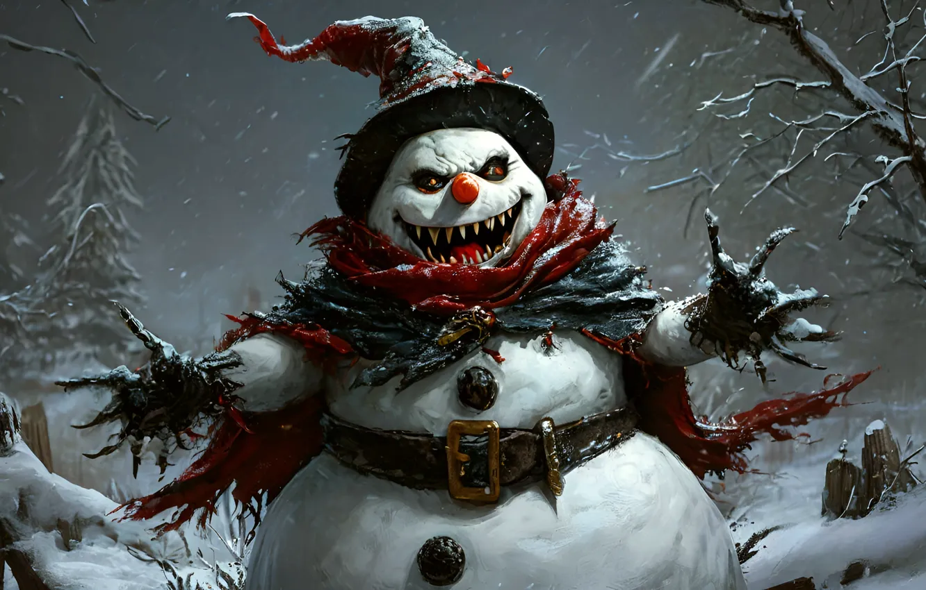Photo wallpaper winter, snow, new year, evil, snowman, Scary Snowman