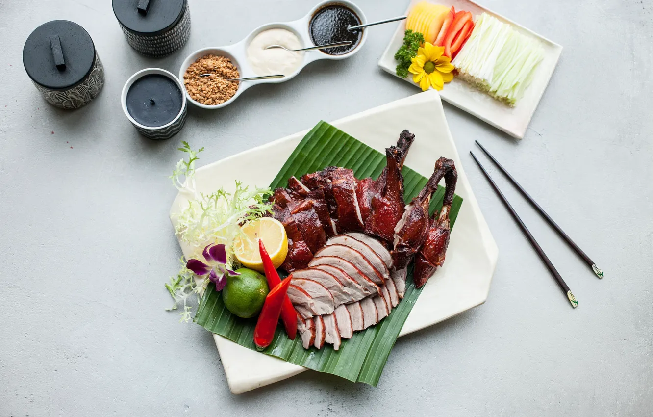 Photo wallpaper greens, citrus, duck, sauce